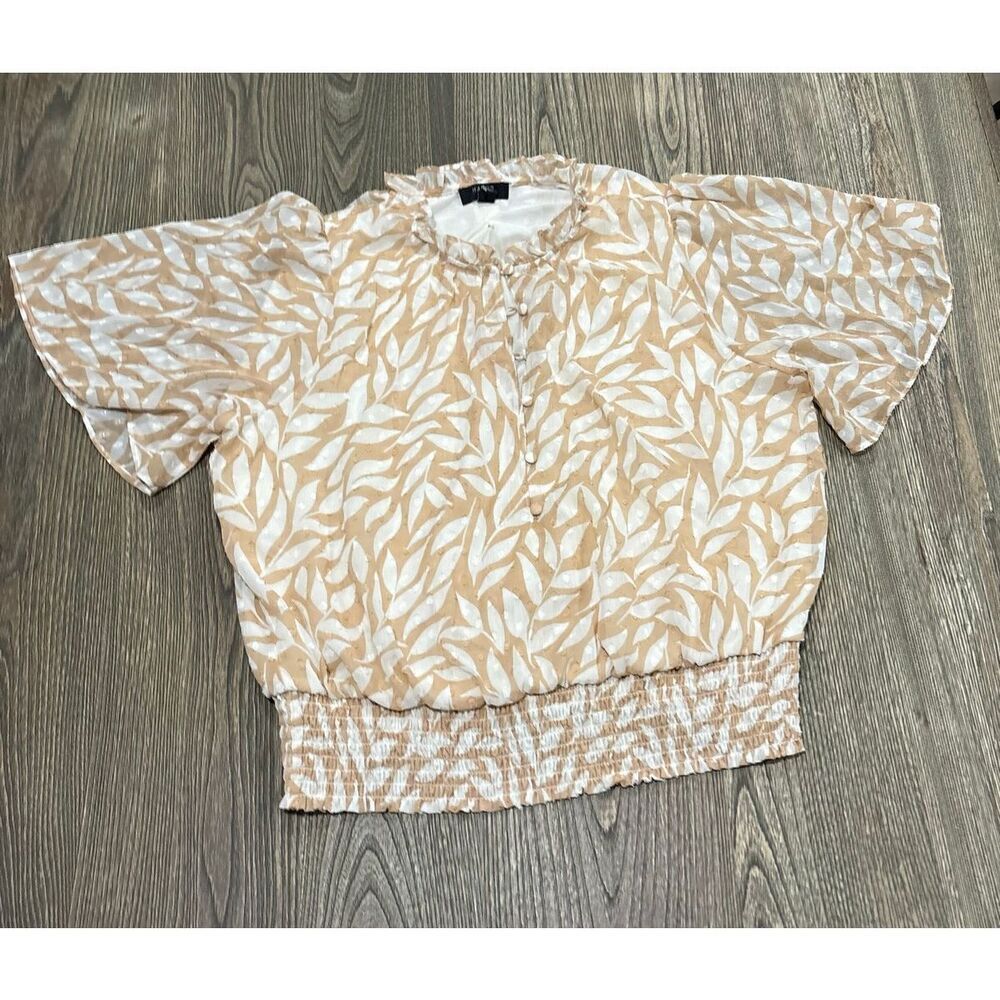 Haver London Womens Blouse Leaf Print Smocked Waist Top Beige White Size XL